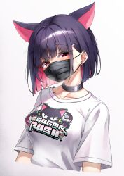  1girl absurdres animal_ears black_hair blue_archive blush cat_ears colored_inner_hair cropped_torso earrings hair_ornament hairclip hapy_(parkhyunjae9494) highres jewelry kazusa_(band)_(blue_archive) kazusa_(blue_archive) looking_at_viewer mask mouth_mask multicolored_hair pink_hair red_eyes shirt short_hair short_sleeves simple_background solo stud_earrings surgical_mask t-shirt upper_body white_background white_shirt  rating:Sensitive score:4 user:danbooru