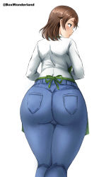  1girl absurdres apron artist_name ass blue_eyes blush box_wonderland brown_hair curvy denim from_behind highres huge_ass jeans kosaka_honoka&#039;s_mother looking_to_the_side love_live! love_live!_school_idol_project mature_female mature_female pants parted_lips shirt short_hair solo thick_thighs thighs tight_clothes tight_pants white_background white_shirt wide_hips 