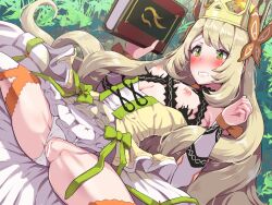  1girl bar_censor blonde_hair blush book boris_(noborhys) breasts breasts_out butterfly_hair_ornament celine_(fire_emblem) censored clothing_aside commentary_request crown fire_emblem fire_emblem_engage hair_ornament highres holding holding_book long_hair nintendo nipples outdoors panties panties_aside pussy sitting small_breasts solo spread_legs thighhighs thighs torn_clothes underwear very_long_hair white_panties 