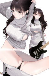  1girl absurdres arms_up ass bare_legs black_hair black_panties blush breasts brown_hair dress from_below guitar hand_on_own_hip highres hitomi_o holding instrument large_breasts long_hair long_sleeves looking_at_viewer multiple_views original panties parted_lips ribbed_sweater simple_background smile standing sweater sweater_dress underwear white_background zipper  rating:Questionable score:96 user:danbooru