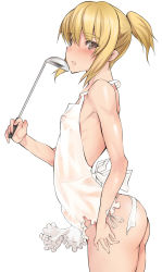  1boy apron arm_at_side ass blonde_hair blush breasts brown_eyes bulge coin_rand covered_erect_nipples cowboy_shot erection erection_under_clothes flat_chest from_side highres ladle looking_at_viewer looking_to_the_side male_focus naked_apron open_mouth original ponytail rand_(artist) see-through short_ponytail sidelocks simple_background small_breasts solo thighs trap white_background 