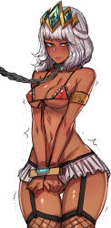  1girl armlet bdsm blush bondage bound breasts chain collar dark-skinned_female dark_skin embarrassed female_focus fishnet_thighhighs fishnets frilled_skirt frills front-tie_top garter_straps highres league_of_legends leash medium_hair navel nipples qiyana_(league_of_legends) ratatatat74 skindentation skirt slave small_breasts solo thighhighs trembling white_hair yellow_eyes  rating:Questionable score:130 user:f156das
