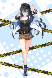 1girl :d absurdres bare_shoulders bellezza_felutia belt black_belt black_footwear black_hair black_hat black_tank_top blue_eyes blue_hair blue_jacket blush breasts brown_skirt cabbie_hat caution_tape claw_pose collarbone colored_inner_hair dot_nose felutiahime full_body grin hair_between_eyes hands_up hat highres jacket legs_together long_hair long_sleeves loose_belt miniskirt multicolored_hair open_hand open_mouth original plaid plaid_skirt pleated_skirt quilted_jacket shirt shoes skirt sleeveless sleeveless_shirt small_breasts smile sneakers solo tank_top teeth thigh_gap two-sided_fabric two-sided_jacket white_jacket