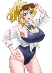  1girl :d absurdres adjusting_eyewear arm_up ayase_eli black_one-piece_swimsuit blonde_hair blue_eyes blush breasts competition_school_swimsuit cowboy_shot ereka eyewear_on_head hair_ornament hair_scrunchie hand_on_own_hip high_ponytail highleg highleg_swimsuit highres large_breasts looking_at_viewer love_live! love_live!_school_idol_project medium_hair off_shoulder one-piece_swimsuit open_clothes open_mouth open_shirt school_swimsuit scrunchie shirt sideboob sidelocks simple_background smile solo sunglasses swimsuit tied_shirt white_background white_scrunchie 