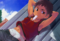 1boy armpits arms_up blue_sky briefs brown_eyes brown_hair bulge clothes_pull cloud male_focus male_underwear navel outdoors pants pants_pull shirt shota sky sleeveless sleeveless_shirt solo sweat tagme torakichi_(ebitendon) underwear rating:Questionable score:56 user:Jellybooru