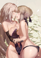 2girls ahoge artist_name artoria_pendragon_(all) artoria_pendragon_(fate) ass asymmetrical_docking bad_id bad_pixiv_id bandaid bandaids_on_nipples bare_shoulders black_gloves black_leotard black_panties black_ribbon blonde_hair blush braid breast_press breasts brown_eyes club3 cowboy_shot elbow_gloves eye_contact fate/grand_order fate_(series) floral_background flower french_braid from_side gloves grey_background grey_hair hair_bun hair_ribbon highleg highleg_leotard highres jeanne_d&#039;arc_(fate) jeanne_d&#039;arc_alter_(avenger)_(fate) jeanne_d&#039;arc_alter_(fate) large_breasts leotard lily_(flower) looking_at_another medium_breasts multiple_girls open_mouth panties parted_lips pasties ribbon saber_alter sidelocks signature simple_background single_hair_bun smile thighs topless underwear underwear_only yellow_eyes yuri rating:Questionable score:114 user:danbooru