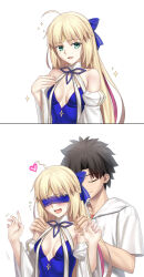  1boy 1girl absurdres ahoge artoria_caster_(fate) artoria_caster_(swimsuit)_(fate) artoria_caster_(swimsuit)_(third_ascension)_(fate) artoria_pendragon_(fate) bare_shoulders besmiled black_hair blindfold blonde_hair blue_one-piece_swimsuit blue_ribbon blush bow breasts closed_eyes detached_sleeves facial_mark fate/grand_order fate_(series) forehead_mark fujimaru_ritsuka_(male) fujimaru_ritsuka_(male)_(summer_street) green_eyes hair_bow heart highres hooded_shirt long_hair looking_at_viewer multiple_views one-piece_swimsuit open_mouth ribbon shirt short_hair short_sleeves small_breasts smile swimsuit twintails very_long_hair white_ribbon white_shirt white_sleeves wide_sleeves 