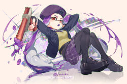  1girl arms_up belt beret black_belt black_footwear black_gloves black_pantyhose blazer blue_jacket breasts chromatic_aberration collared_shirt colored_tongue fangs fingerless_gloves firing full_body gloves green_outline gun hat highres holding holding_gun holding_weapon inkling inkling_girl inkling_player_character jacket jinkobanana loafers long_hair looking_at_viewer n-zap_(splatoon) necktie nintendo open_clothes open_jacket open_mouth outline paint_splatter pantyhose plaid plaid_necktie plaid_skirt pleated_skirt purple_hair purple_hat purple_necktie purple_skirt purple_tongue red_eyes school_uniform shirt shoes sitting skirt solo splatoon_(series) suction_cups sweater_vest tentacle_hair twintails twitter_username weapon white_background white_shirt yellow_sweater_vest 