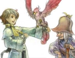  1990s_(style) arc arc_(ff3) bird final_fantasy final_fantasy_iii hat lowres parrot parrot_(ff3) robe smile staff unei  rating:Questionable score:6 user:danbooru