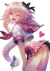  1boy arched_back ass astolfo_(fate) astolfo_(sailor_paladin)_(fate) blush braid braided_ponytail fang fate/apocrypha fate/grand_order fate_(series) from_behind hair_intakes hair_ribbon heart highres long_hair looking_at_viewer looking_back male_focus no_panties official_alternate_costume one_eye_closed open_mouth pink_hair pleated_skirt purple_eyes ribbon sailor_collar school_uniform serafuku shiny_skin simple_background single_braid skirt smile solo terai_(teraimorimori) thighhighs trap v white_background  rating:Questionable score:49 user:danbooru