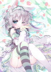  1girl animal_ears asymmetrical_legwear blue_eyes blush closed_mouth detached_sleeves dress frills garter_straps grey_hair highres knees_up long_hair looking_at_viewer mismatched_legwear moco_ofuton one_eye_closed original rabbit rabbit_ears ribbon sleeves_past_wrists smile solo striped_clothes striped_thighhighs thighhighs two_side_up white_thighhighs 
