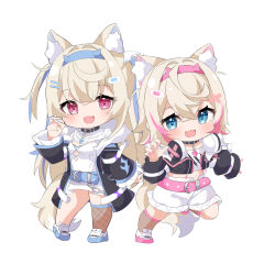  2girls :d ame. animal_ear_fluff animal_ears belt belt_buckle black_collar black_jacket blonde_hair blue_belt blue_eyes blue_hair blue_hairband blue_nails breasts brown_socks buckle chain chibi claw_pose collar commentary_request crop_top dog_ears dog_girl dog_tail dress fang fishnet_socks fishnet_thighhighs fishnets full_body fur-trimmed_jacket fur_trim fuwawa_abyssgard hair_between_eyes hair_ornament hairband hairclip hand_up headphones headphones_around_neck highres hololive hololive_english jacket kneehighs long_hair looking_at_viewer medium_breasts midriff mococo_abyssgard multicolored_hair multiple_girls nail_polish navel open_clothes open_jacket open_mouth pink_belt pink_hair pink_hairband pink_nails red_eyes shoes shorts simple_background single_thighhigh smile socks standing standing_on_one_leg streaked_hair tail thighhighs two_side_up very_long_hair virtual_youtuber white_background white_dress white_footwear white_shorts x_hair_ornament 