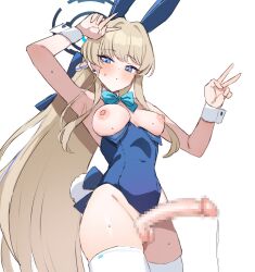  1girl animal_ears arm_up armpits bare_shoulders blonde_hair blue_archive blue_eyes blue_hair blush bow bowtie breasts censored covered_navel double_v eichan_(eichanidfi) erection fake_animal_ears futanari highres leotard long_hair looking_at_viewer mosaic_censoring multicolored_hair nipples penis playboy_bunny precum rabbit_ears rabbit_tail simple_background solo streaked_hair tail testicles thighhighs toki_(blue_archive) toki_(bunny)_(blue_archive) v very_long_hair white_background white_thighhighs 