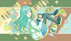  1girl :d absurdres aqua_eyes aqua_hair black_footwear black_pantyhose blue_background blue_skirt box brown_background cardigan clover colorful_palette cream cup dango drink drinking_glass drop_shadow flower food food-themed_background full_body green_background hair_between_eyes highres hinomori_shizuku holding holding_box holding_food ice_cream ice_cream_float loafers long_hair long_sleeves looking_at_viewer matcha_(food) mitarashi_dango miyamasuzaka_girls&#039;_academy_school_uniform official_art open_cardigan open_clothes open_mouth pantyhose pastry pastry_box pink_flower pleated_skirt project_sekai sailor_collar sanshoku_dango school_uniform serafuku shoes sitting skirt smile solo striped_background sugar_cube third-party_source wagashi white_cardigan white_sailor_collar yellow_background 