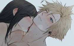  1boy 1girl black_hair blonde_hair blush closed_eyes cloud_strife commentary earrings final_fantasy final_fantasy_vii frown grey_background half-closed_eye highres jewelry licking licking_another&#039;s_neck long_hair maiii_(smaii_i) one_eye_closed portrait short_hair square_enix sweat symbol-only_commentary tifa_lockhart tongue tongue_out  rating:Sensitive score:38 user:danbooru
