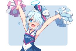  1girl :d absurdres arms_up arona_(blue_archive) blue_archive blue_background blue_bow blue_dress blue_halo blue_skirt blunt_bangs blush border bow braid braided_sidelock cheerleader choker commentary covered_navel dress eyes_visible_through_hair hair_bow hair_bun hair_ornament halo highres looking_at_viewer luxuriou_s multicolored_bow notice_lines official_alternate_costume one_eye_closed open_mouth outside_border pink_bow pom_pom_(cheerleading) single_braid skirt sleeveless sleeveless_dress smile solo upper_body white_border white_choker x_hair_ornament 