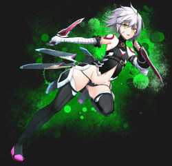  1girl absurdres ass bandaged_arm bandages bangjo_ban bare_shoulders black_panties black_thighhighs breasts cleavage_cutout clothing_cutout fate/apocrypha fate/grand_order fate_(series) full_body gloves green_eyes hair_between_eyes highres holding holding_knife jack_the_ripper_(fate/apocrypha) knife looking_at_viewer looking_back navel panties scar scar_across_eye scar_on_face shoulder_tattoo single_glove small_breasts solo standing standing_on_one_leg tattoo thighhighs underwear weapon  rating:Sensitive score:19 user:danbooru