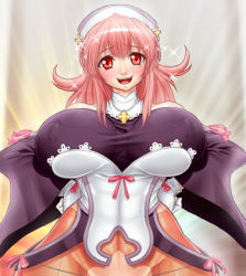  1girl breasts chinbotsu cropped cross covered_erect_nipples gigantic_breasts hands_on_own_hips hat hip_focus huge_breasts la_pucelle lowres nun pantyhose pink_hair prier red_hair ribbon solo sparkle wide_hips  rating:Questionable score:53 user:danbooru