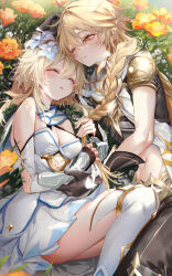  1boy 1girl absurdres aether_(genshin_impact) ahoge bare_shoulders blonde_hair blush braid breasts brother_and_sister cleavage dress flower genshin_impact gloves hair_between_eyes hair_flower hair_ornament highres long_hair lumine_(genshin_impact) lying open_mouth pottsness short_hair short_hair_with_long_locks siblings sidelocks small_breasts smile white_dress white_flower yellow_eyes 