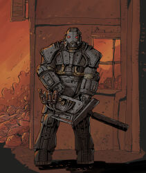  1other ambiguous_gender armor building commentary_request enclave_(fallout) fallout_(series) fallout_4 flamethrower full_body highres ho-uja holding holding_weapon korean_commentary looking_at_viewer power_armor power_armor_(fallout) solo standing weapon window 
