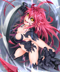  1girl :d absurdres ahoge amaha_masane arm_blade black_sclera breasts collarbone colored_sclera commission facial_mark highres large_breasts long_hair looking_at_viewer motion_blur open_mouth piercing red_hair revealing_clothes shin_(ultramarine430) signature skeb_commission smile solo tongue tongue_out tongue_piercing very_long_hair weapon witchblade yellow_eyes 