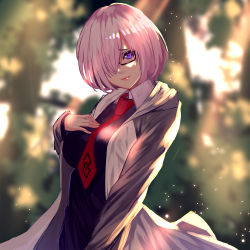  1girl bad_id bad_pixiv_id black-framed_eyewear black_dress blurry breasts closed_mouth depth_of_field dress fate/grand_order fate_(series) glasses hair_over_one_eye hood hoodie light_purple_hair long_sleeves looking_at_viewer mash_kyrielight medium_breasts open_clothes open_hoodie purple_eyes red_neckwear shiodango short_hair solo sunlight upper_body 