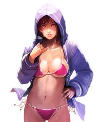  1girl bikini breasts cleavage dead_or_alive dead_or_alive_5 hood hoodie large_breasts looking_at_viewer mila_(doa) pixiv_sample red_hair simple_background solo spaniard swimsuit take_no_ko_(dodon) tecmo wet white_background  rating:Questionable score:69 user:jojosstand