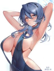  1girl absurdres ako_(blue_archive) ako_(dress)_(blue_archive) armpits black_hairband blue_archive blue_dress blue_eyes blue_hair blue_halo blush breasts closed_mouth dated dress groin hair_between_eyes hairband halo highres large_breasts long_hair looking_at_viewer official_alternate_costume pong_0012 sideboob signature simple_background sleeveless sleeveless_dress solo white_background  rating:Questionable score:32 user:danbooru