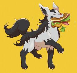  animal_focus claws closed_eyes creatures_(company) food game_freak gen_3_pokemon highres kechon-san lettuce mightyena mouth_hold nintendo no_humans pokemon pokemon_(creature) sandwich smile tomato yellow_background 