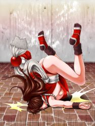 1girl ass breasts brown_hair faceplant fatal_fury h@ruki highres japanese_clothes long_hair nail_polish pain panties ponytail ryona shiranui_mai sideboob the_king_of_fighters thong toe_socks top-down_bottom-up underwear rating:Questionable score:46 user:armorcrystal