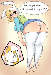  1girl absurdres adventure_time alternate_ass_size animal_ears animal_hood ass ass_focus backpack bag bent_over blonde_hair blue_shirt cake_(adventure_time) cat female_focus fionna_the_human_girl from_behind full_body genderswap genderswap_(ftm) gradient_background hat highres hood huge_ass leaning_forward looking_back microskirt no_shoes open_mouth panties pantyshot pencil_skirt purple_skirt rabbit_ears rabbit_hood shiny_skin shirt skindentation skirt speech_bubble standing stirrup_legwear thick_thighs thighhighs thighs tiptoes toeless_legwear underwear white_panties white_thighhighs wide_hips zzvinniezz  rating:Questionable score:86 user:ZzVinniezZ