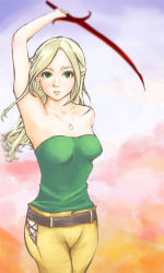  1990s_(style) 1girl arm_up armpits bare_shoulders bell belt blonde_hair breasts celes_chere earrings female_focus final_fantasy final_fantasy_vi green_eyes holding jewelry long_hair necklace pants pendant persimmon_(pixiv622267) solo strapless sword weapon 