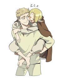  1boy 1girl absurdres blonde_hair brown_cloak carrying carrying_person cloak closed_eyes closed_mouth cropped_legs dungeon_meshi elf findoworld highres laios_touden long_hair long_sleeves looking_at_another looking_back marcille_donato open_mouth pants piggyback pointy_ears shirt short_hair simple_background sleeping smile white_background white_pants white_shirt  rating:General score:5 user:danbooru