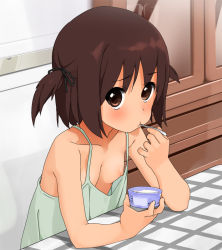  1girl :t breasts brown_eyes brown_hair commentary_request downblouse eating flat_chest food ice_cream kaisenn loli looking_at_viewer nipple_slip nipples original small_breasts solo spoon 