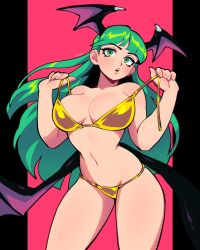  1girl artist_name bat_wings bikini bikini_pull breasts capcom cleavage clothes_pull gold_bikini green_eyes green_hair highres large_breasts legs long_hair looking_at_viewer morrigan_aensland navel open_mouth pulled_by_self solo swimsuit teasing thighs undressing untied_bikini vampire_(game) wings 