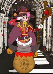  assimilation bell belt brown_hair cloak corruption curse dark_persona elly_snail glitter gloves hallway hat highres jack-in-the-box jar jester_jar jester_outfit megumin merge possessed possession red_eyes short_hair smile staff subarashii_sekai_ni_shukufuku_wo! surprised transformation trapped witch_hat  rating:General score:7 user:JohnCeja
