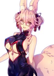  1girl animal_ear_fluff animal_ears bare_arms bare_shoulders bell black_dress breasts center_opening china_dress chinese_clothes cowboy_shot dress fate/grand_order fate_(series) fox_ears fox_girl fox_tail glasses hair_between_eyes hair_ornament highres jingle_bell kin_mokusei koyanskaya_(chinese_lostbelt_outfit)_(fate) koyanskaya_(fate) large_breasts looking_at_viewer medium_hair open_mouth pink-framed_eyewear pink_hair pink_tail red_tassel side_slit sideboob sidelocks simple_background sleeveless sleeveless_dress smile solo tail tamamo_(fate) teeth underboob white_background yellow_eyes 