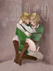 2boys anal blonde_hair blue_eyes blush boots bottomless dual_persona earrings green_shirt jewelry link male_focus male_penetrated multiple_boys multiple_persona nintendo pointy_ears selfcest sex shirt sweat tears text_focus the_legend_of_zelda the_legend_of_zelda:_ocarina_of_time the_legend_of_zelda:_twilight_princess translation_request yaoi rating:Explicit score:49 user:MessyBunny