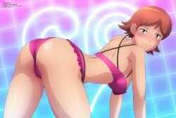 1girl absurdres artist_name ass bikini blue_background blush breasts brown_eyes brown_hair digimon digimon_adventure digimon_adventure_tri. from_behind grid grid_background heart heart_background highres large_breasts looking_at_viewer looking_back nipples pink_bikini purple_background short_hair smile swimsuit takenouchi_sora toei_animation two-tone_background zel-sama rating:Questionable score:23 user:liOne_
