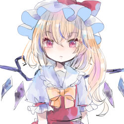  1girl ascot bat_wings blonde_hair crystal flandre_scarlet hat hat_ribbon hiyuu_(hiyualice) mob_cap multicolored_wings one_side_up puffy_short_sleeves puffy_sleeves red_eyes red_vest ribbon short_sleeves side_ponytail skirt skirt_set solo star_(symbol) touhou vest white_hat wings yellow_ascot 