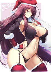  1girl breasts cleavage covered_erect_nipples fate/grand_order fate_(series) fingerless_gloves fur_trim gloves haganef hat large_breasts long_hair looking_at_viewer merry_christmas midriff purple_hair red_eyes red_gloves santa_hat scathach_(fate) scathach_(fate) smile solo thighhighs  rating:Questionable score:45 user:danbooru
