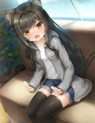 1girl :o animal_ear_fluff animal_ears black_hair black_thighhighs blurry blush breasts brown_eyes cat_ears cat_girl cat_tail collarbone commentary_request couch day denim denim_shorts dutch_angle fang feet_out_of_frame grey_jacket hair_intakes highres hood hood_down hooded_jacket indoors jacket lap_pillow_invitation long_hair long_sleeves looking_at_viewer open_clothes open_jacket open_mouth original plant potted_plant psyche3313 shirt short_shorts shorts sidelocks sitting small_breasts solo sunlight tail thighhighs very_long_hair white_shirt window rating:Sensitive score:36 user:danbooru