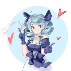 1girl ahoge black_bow black_gloves blue_background blue_eyes blue_hair bow breasts cleavage collarbone dress drill_hair gloves grey_background gwen_(league_of_legends) hair_bow heart highres large_breasts league_of_legends long_hair puffy_short_sleeves puffy_sleeves scissors short_sleeves simple_background smile solo strapless strapless_dress twin_drills twintails xiluo_qian_xi rating:Sensitive score:2 user:danbooru