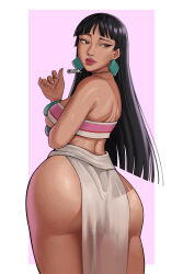  1girl arm_under_breasts artist_name ass aztec bare_shoulders black_hair border bracelet breasts brown_eyes chel_(the_road_to_el_dorado) choker crop_top curvy dark-skinned_female dark_skin earrings eyebrow_piercing from_behind gud0c highres huge_ass jewelry legs_together long_hair looking_back looking_to_the_side medium_breasts nail_polish nose_piercing nose_ring outside_border pelvic_curtain piercing pink_background red_lips shiny_skin simple_background solo standing the_road_to_el_dorado white_border wide_hips 