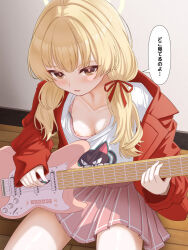  1girl blonde_hair blue_archive blush breasts cleavage guitar hair_ribbon holding holding_guitar holding_instrument holding_plectrum instrument jacket long_hair looking_at_viewer low_twintails nipple_slip nipples official_alternate_costume open_mouth pink_skirt plectrum red_jacket red_ribbon ribbon shirt skirt small_breasts tamainoniwa twintails white_shirt yellow_eyes yoshimi_(band)_(blue_archive) yoshimi_(blue_archive)  rating:Questionable score:17 user:danbooru