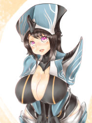  1girl :d armor banshee_(warframe) black_hair blush bodysuit breasts cleavage cleavage_cutout clothing_cutout female_focus highres huge_breasts leaning_forward looking_at_viewer maboroshi_kirin open_mouth plump purple_eyes smile solo standing thick_thighs thighs warframe wide_hips  rating:Questionable score:26 user:Dotolie