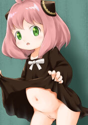  anya_(spy_x_family) cleft_of_venus clothes_lift feet_out_of_frame green_eyes loli momoroco222 pink_hair pussy skirt skirt_lift source_request 