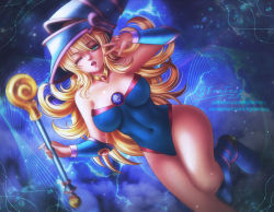  1girl bare_shoulders blonde_hair blue_footwear boots breasts choker cleavage collarbone dark_magician_girl duel_monster dutch_angle green_eyes hat kgfantasy large_breasts long_hair looking_at_viewer makeup one_eye_closed open_mouth patreon_username pentacle pentagram solo wand watermark web_address wink wizard_hat yu-gi-oh!  rating:Sensitive score:7 user:BalaNag