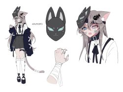  1girl @_@ animal_ears bandaged_arm bandages bandaid bandaid_on_face bandaid_on_hand black_background black_collar black_footwear black_jacket black_ribbon blue_eyes blush cat_ears cat_girl cat_mask character_request collar copyright_request covering_own_mouth fingernails fish_hair_ornament glowing glowing_eyes green_skirt grey_hair hair_between_eyes hair_ornament hairclip hand_over_own_mouth heterochromia highres jacket long_hair long_sleeves mask mask_on_head original palmycomix pink_eyes platform_footwear platform_heels pleated_skirt ribbon sharp_fingernails shirt shirt_tucked_in simple_background skirt slit_pupils solo suspenders thigh_strap virtual_youtuber white_shirt x_hair_ornament 