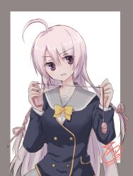  1girl 2019 :d ahoge ayachi_nene black_jacket border bow commentary_request dated_commentary dildo egg_vibrator eyes_visible_through_hair grey_border grey_hair grey_sailor_collar hair_between_eyes hair_ribbon hands_up holding holding_sex_toy huge_ahoge jacket long_hair long_sleeves looking_at_viewer open_mouth pink_ribbon purple_eyes ribbon sailor_collar sanoba_witch school_uniform serafuku sex_toy signature simple_background smile smug solo straight_hair twitter_username upper_body usetsusakon2 v-shaped_eyebrows very_long_hair vibrator vibrator_cord white_background yellow_bow 